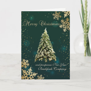 Merry Christmas,Gold Snowflakes,Pine Tree Holiday Card
