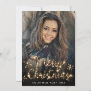 Merry Christmas Gold Sparkle Script PHOTO Greeting Holiday Card