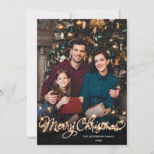 Merry Christmas Gold Sparkle Script PHOTO Greeting Holiday Card