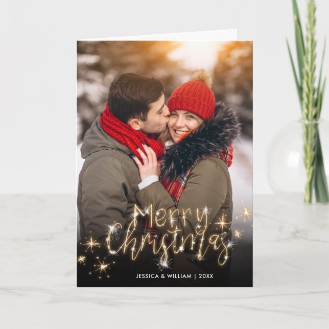 Merry Christmas Gold Sparkle Script PHOTO Greeting Holiday Card (Front)