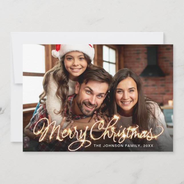 Merry Christmas Gold Sparkle Script PHOTO Greeting Holiday Card (Front)