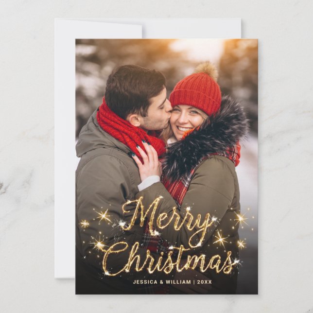 Merry Christmas Gold Sparkle Script PHOTO Greeting Holiday Card (Front)