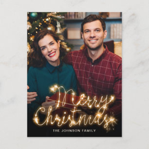Merry Christmas Gold Sparkle Script PHOTO Greeting Postcard