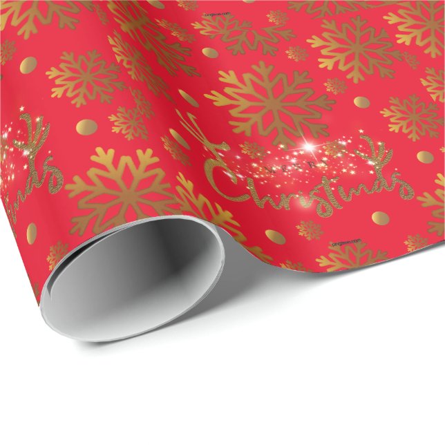 Merry Christmas gold sparkling on red background W Wrapping Paper (Roll Corner)