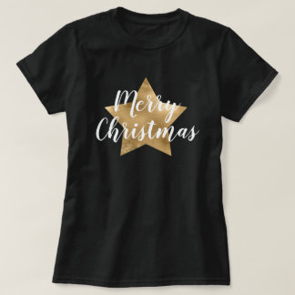 Merry Christmas Gold Star Black T-Shirt