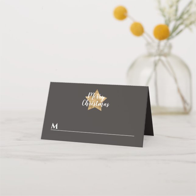 Merry Christmas Gold Star Brown Place Card (Front)
