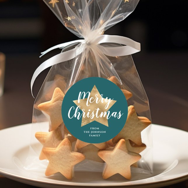 Merry Christmas Gold Star Green Classic Round Sticker (Merry Christmas Gold Star Green Classic Round Sticker)