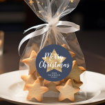 Merry Christmas Gold Star Navy Blue Classic Round Sticker<br><div class="desc">Personalised Custom Merry Christmas Gold Star Navy Blue Classic Round Sticker</div>