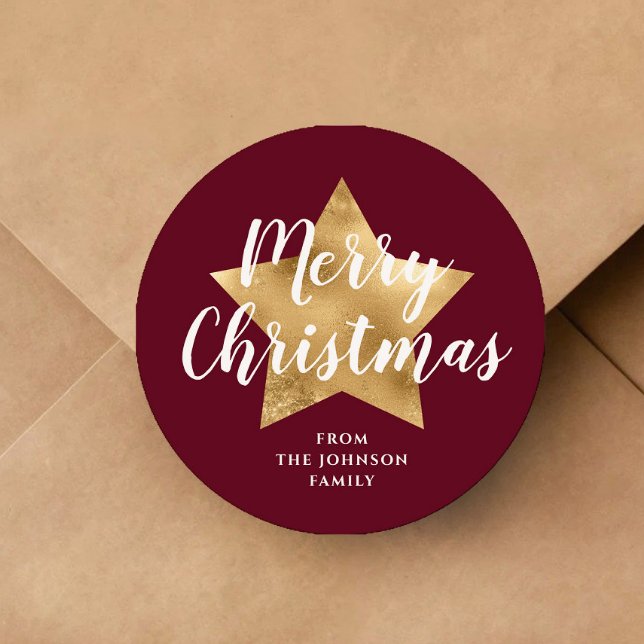 Merry Christmas Gold Star Red Burgundy Classic Round Sticker (Merry Christmas Gold Star Red Burgundy Classic Round Sticker)