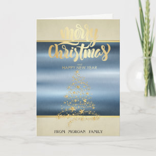 Merry Christmas,Gold Stars Christmas Tree Blue Holiday Card