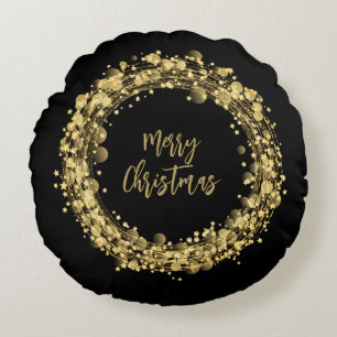 Merry Christmas Gold Stars on Black Round Cushion