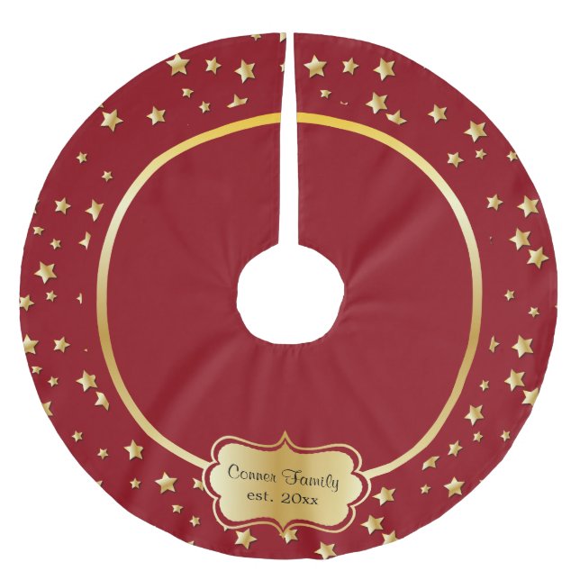 Merry Christmas Gold Stars On Dark Red Background Brushed Polyester Tree Skirt (Front)