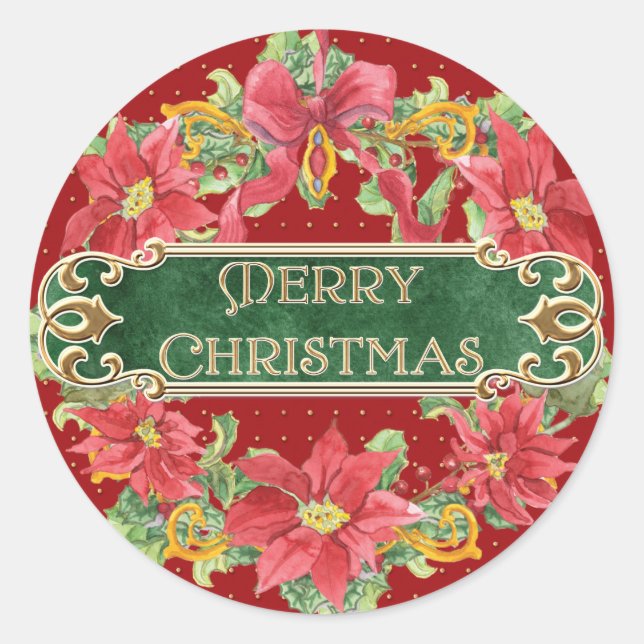Merry Christmas Gold Swirl Poinsettia Wreath Jewel Classic Round Sticker (Front)