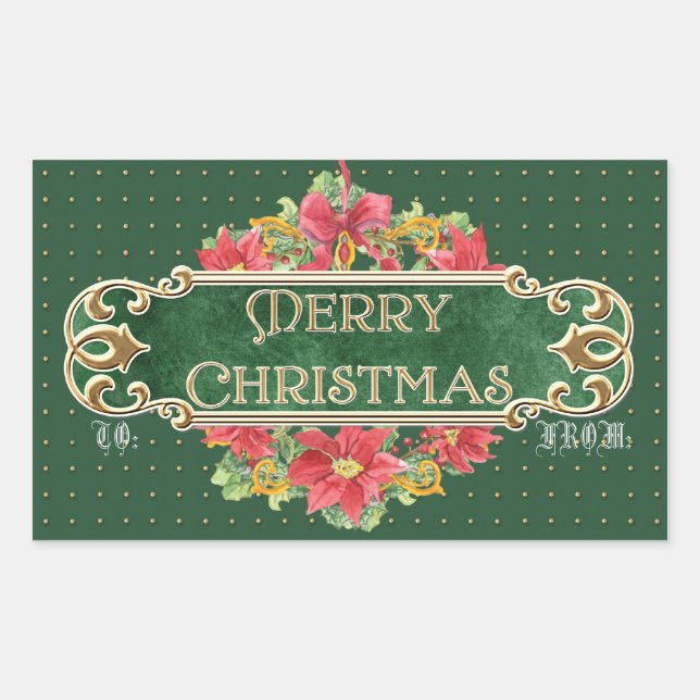 Merry Christmas Gold Swirl Poinsettia Wreath Jewel Rectangular Sticker (Front)