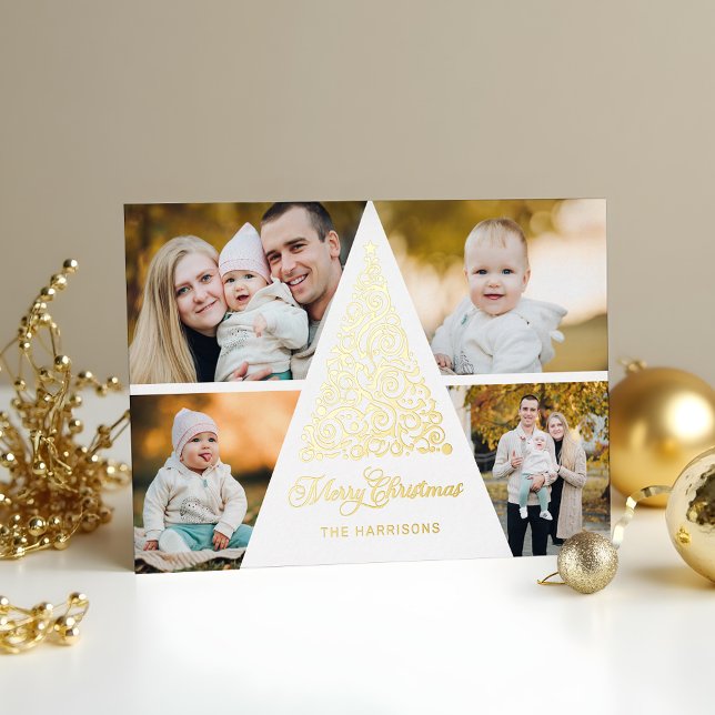 Merry Christmas Gold Swirl Tree 4 Photo Collage Foil Holiday Card (Creator Uploaded)