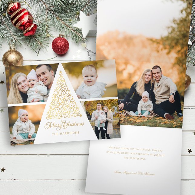 Merry Christmas Gold Swirl Tree 4 Photo Collage Tri-Fold Holiday Card (Creator Uploaded)