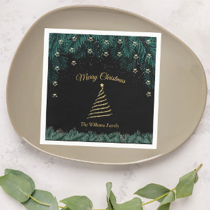 Merry Christmas   Gold Tree & Pine Branches Napkin