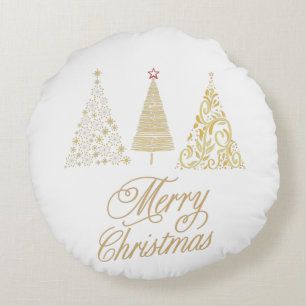 MERRY CHRISTMAS GOLD TREES ROUND CUSHION