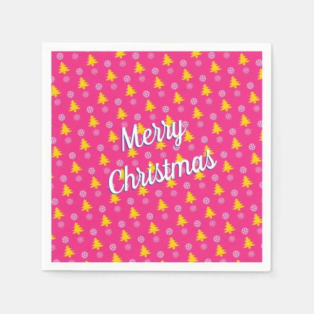 Merry Christmas, Gold Trees & Snow Flakes Napkin (Front)