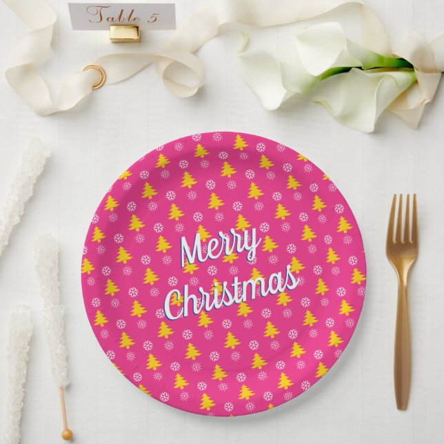 Merry Christmas, Gold Trees & Snow Flakes Paper Plate (Wedding)
