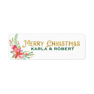 Merry Christmas Gold Typography and Floral Bouquet Return Address Label