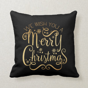 Merry Christmas Gold Typography Black Chic Cushion