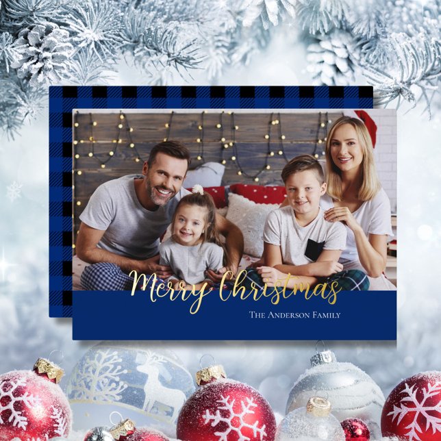 Merry Christmas Gold Typography Family Photo Name Foil Holiday Card (Creator Uploaded)