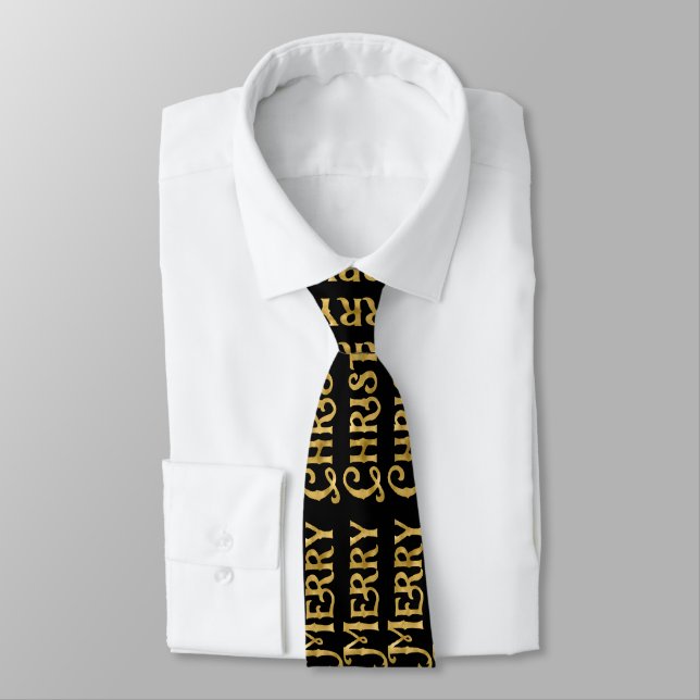 Merry Christmas Gold Typography Pattern Tie (Tied)