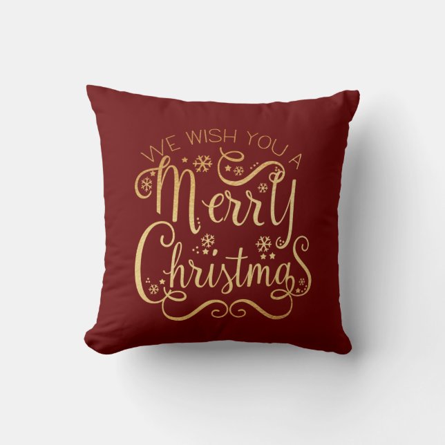 Merry Christmas Gold Typography Red Chic Cushion (Front)