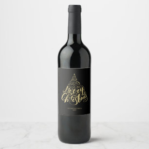 Merry Christmas Gold Typography Tree Wine Label