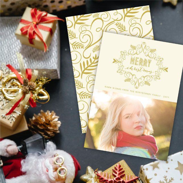 Merry Christmas Gold Vintage Deco Foliage Photo Holiday Card (Creator Uploaded)
