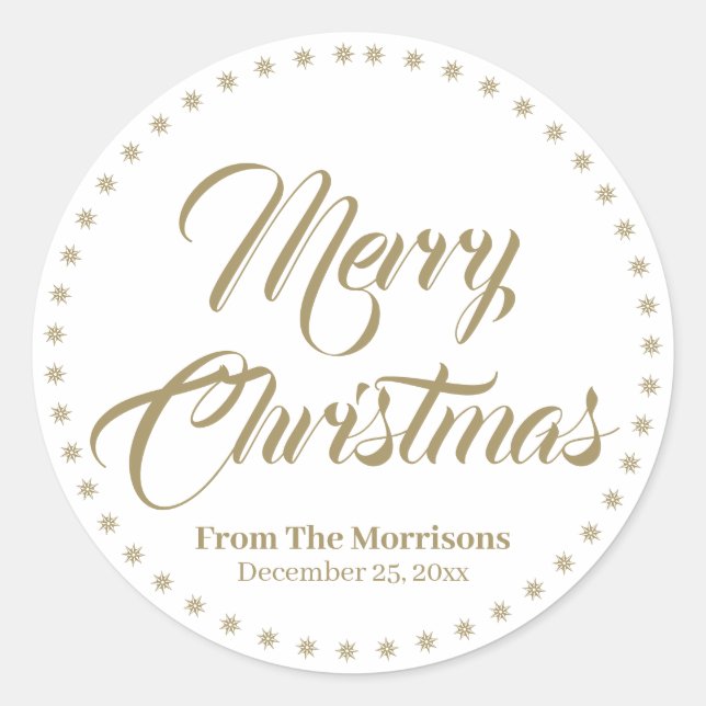 Merry Christmas gold white custom name favours  Classic Round Sticker (Front)