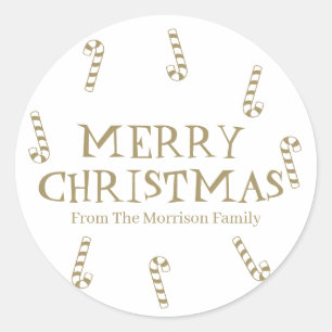 Merry Christmas gold white custom name gift favour Classic Round Sticker