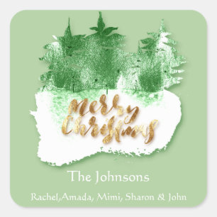 Merry Christmas Gold White Green Holiday Name Mint Square Sticker