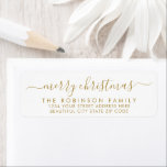 Merry Christmas Gold White Script Return Address Label<br><div class="desc">Modern Elegant Gold and White Family  Name Merry Christmas Script Return Address Labels. Featuring a pretty hand-written calligraphy swash-tail font script with saying "Merry Christmas". Great for Christmas holiday season,  easy to personalise them with your names and return address info.</div>