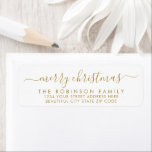Merry Christmas Gold White Script Return Address Return Address Label<br><div class="desc">Modern Elegant Gold and White Family  Name Merry Christmas Script Return Address Labels. Featuring a pretty hand-written calligraphy swash-tail font script with saying "Merry Christmas". Great for Christmas holiday season,  easy to personalise them with your names and return address info.</div>