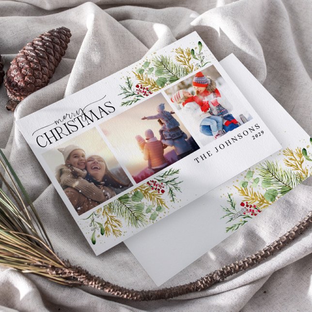 Merry Christmas Gold Winter Botanical Photo  Holiday Card (Creator Uploaded)