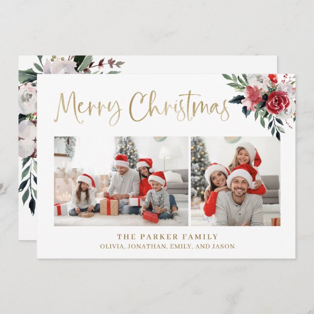Merry Christmas | Gold with Two Photos and Flowers Holiday Card (Front/Back)