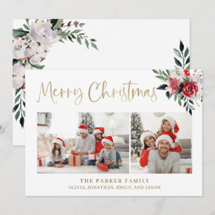 Merry Christmas   Gold with Two Photos and Flowers Holiday Card