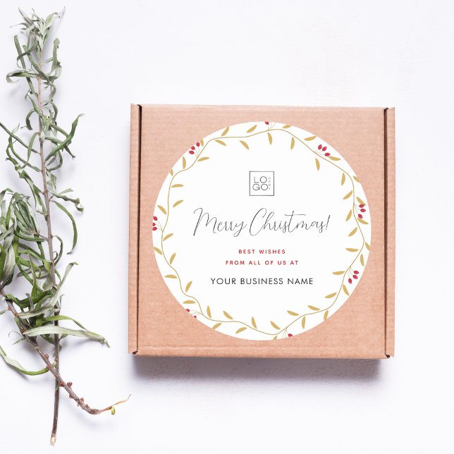 Merry Christmas Gold Wreath Custom Company Logo  Classic Round Sticker (Creator Uploaded)