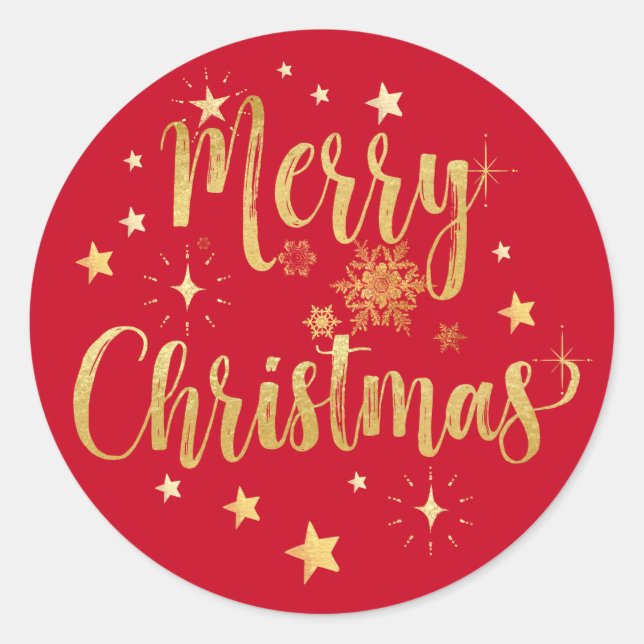Merry Christmas Gold Writing Stars Snowflakes Red Classic Round Sticker (Front)