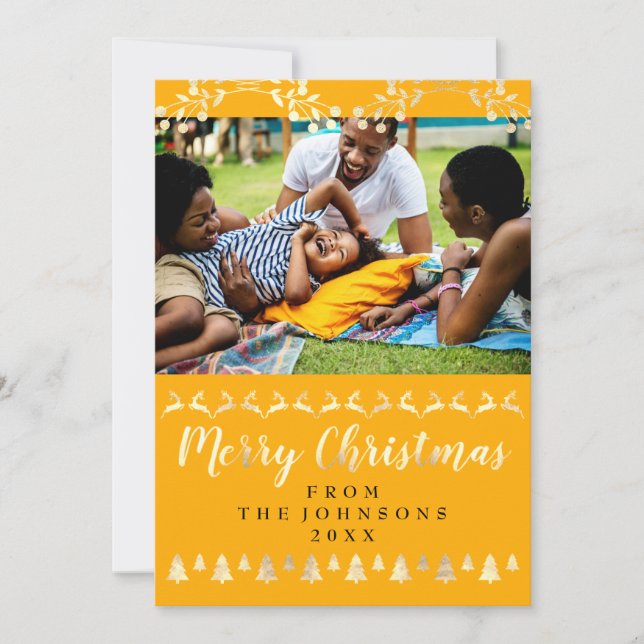 Merry Christmas Gold Yellow Family Photo Happines Holiday Card (Front)