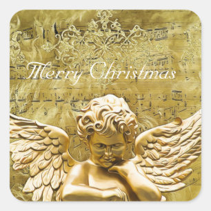 Merry Christmas Golden Angel Musical Notes Square Sticker