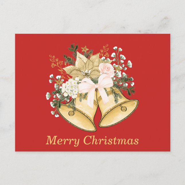 Merry Christmas Golden Bells Roses Floral  Holiday Postcard (Front)
