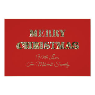 Merry Christmas Golden Glitter Typography Red Gold Poster