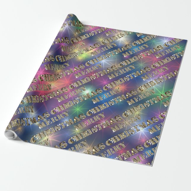Merry Christmas Golden Glitter Typography Stars Wrapping Paper (Unrolled)