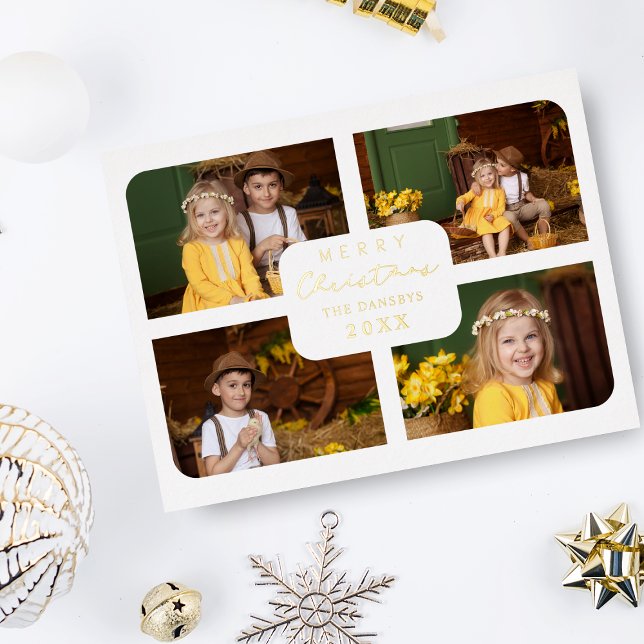 Merry Christmas Golden Minimalist 4 Photos Collage Foil Holiday Postcard (Creator Uploaded)
