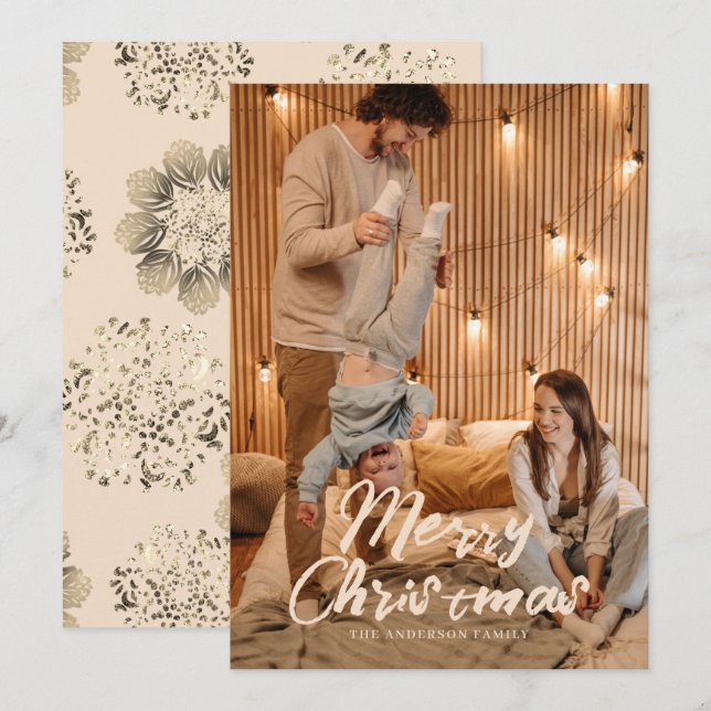 Merry Christmas Golden Ornamental Family Photo Holiday Card (Front/Back)