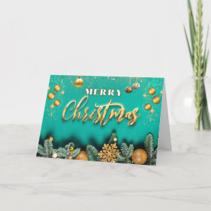 Merry Christmas Golden Ornaments and Pine Branches Card