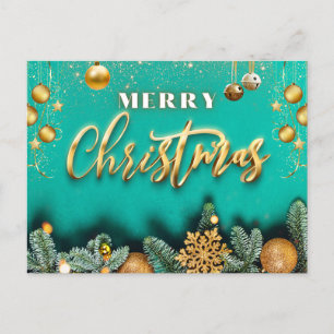 Merry Christmas Golden Ornaments and Pine Branches Holiday Postcard